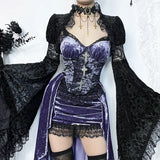 GETADME Goth Dark Gorgeous Victoria Gothic Velvet A-line Dresses Female Elegant Evening Lolita Partywear Grunge Sling Lace Hem Alt Cloth