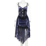 GETADME Goth Dark Gorgeous Victoria Gothic Velvet A-line Dresses Female Elegant Evening Lolita Partywear Grunge Sling Lace Hem Alt Cloth