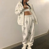 GETADME Gothic Cross Printing Streetwear Winter Warm Two Piece Set Women Tracksuit Autumn Hoodies+pants Fashion Outfits Sweatsuit 2025