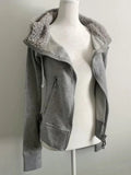 GETADME Gray Lamb Wool Vintage Hooded Sweatshirt Cardigan Women Retro New Spring and Autumn Double Zipper Design Waist Sweatshirt