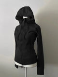 GETADME Gray Lamb Wool Vintage Hooded Sweatshirt Cardigan Women Retro New Spring and Autumn Double Zipper Design Waist Sweatshirt