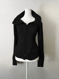 GETADME Gray Lamb Wool Vintage Hooded Sweatshirt Cardigan Women Retro New Spring and Autumn Double Zipper Design Waist Sweatshirt