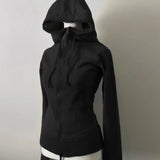GETADME Gray Lamb Wool Vintage Hooded Sweatshirt Cardigan Women Retro New Spring and Autumn Double Zipper Design Waist Sweatshirt