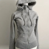 GETADME Gray Lamb Wool Vintage Hooded Sweatshirt Cardigan Women Retro New Spring and Autumn Double Zipper Design Waist Sweatshirt
