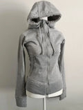 GETADME Gray Lamb Wool Vintage Hooded Sweatshirt Cardigan Women Retro New Spring and Autumn Double Zipper Design Waist Sweatshirt