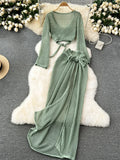 GETADME Green Autumn Summer Sexy Beach Dress Two Piece Sets Women Outfits 2025 See Through Long Sleeve Top and Skirt Matching Sets