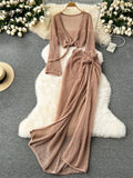 GETADME Green Autumn Summer Sexy Beach Dress Two Piece Sets Women Outfits 2025 See Through Long Sleeve Top and Skirt Matching Sets