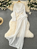 GETADME Green Autumn Summer Sexy Beach Dress Two Piece Sets Women Outfits 2025 See Through Long Sleeve Top and Skirt Matching Sets
