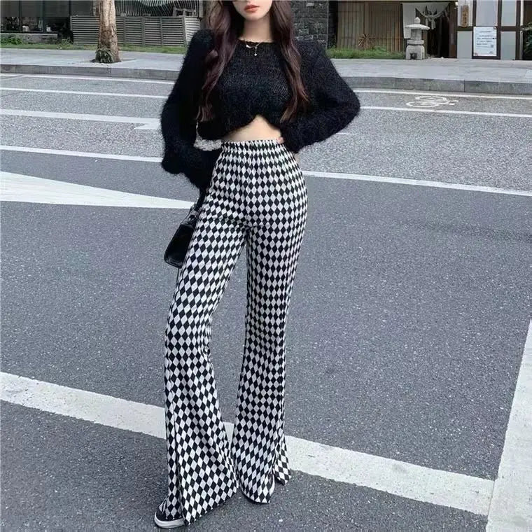 GETADME Green Plaid Ladies Bell Pants Checked Korean Flared Trousers for Women Vintage Flare Leggings Leg Slit Fluid Elasticity Sexy Hot