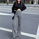 GETADME Green Plaid Ladies Bell Pants Checked Korean Flared Trousers for Women Vintage Flare Leggings Leg Slit Fluid Elasticity Sexy Hot