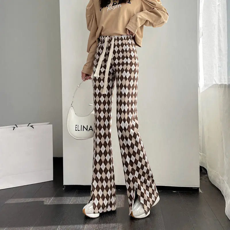 GETADME Green Plaid Ladies Bell Pants Checked Korean Flared Trousers for Women Vintage Flare Leggings Leg Slit Fluid Elasticity Sexy Hot