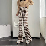GETADME Green Plaid Ladies Bell Pants Checked Korean Flared Trousers for Women Vintage Flare Leggings Leg Slit Fluid Elasticity Sexy Hot