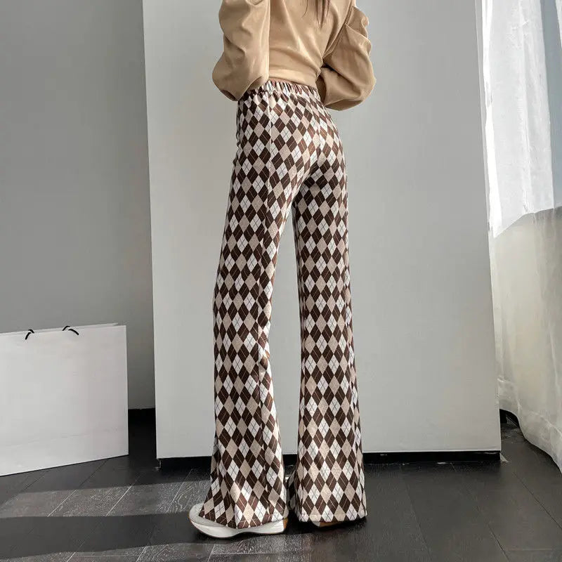 GETADME Green Plaid Ladies Bell Pants Checked Korean Flared Trousers for Women Vintage Flare Leggings Leg Slit Fluid Elasticity Sexy Hot