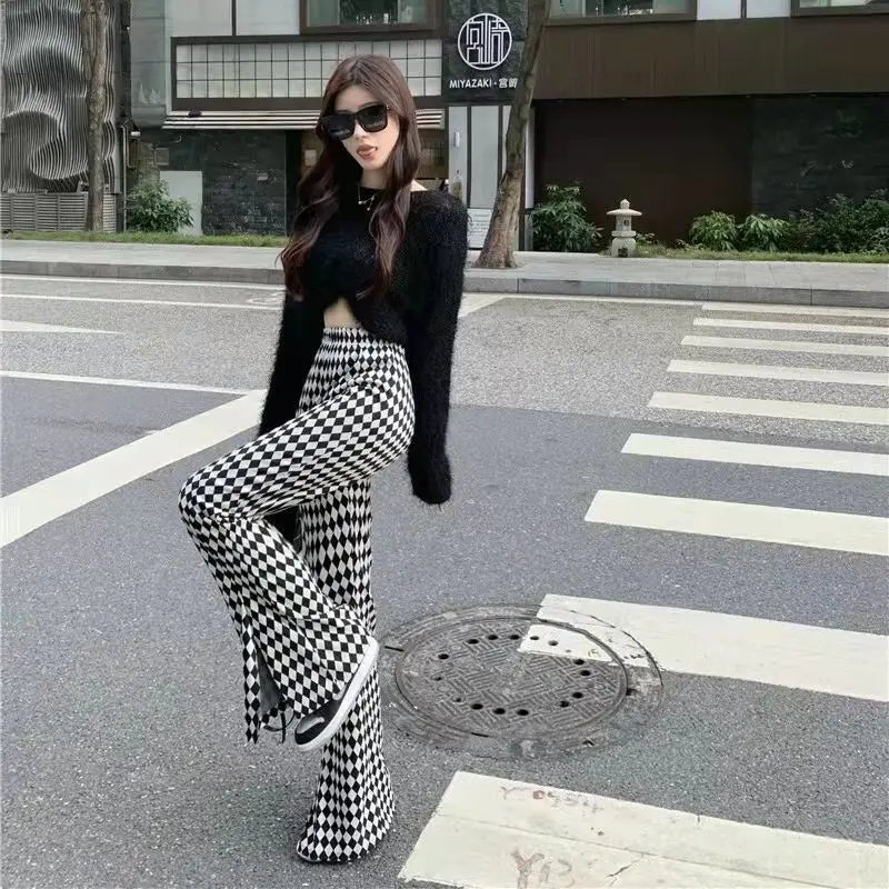 GETADME Green Plaid Ladies Bell Pants Checked Korean Flared Trousers for Women Vintage Flare Leggings Leg Slit Fluid Elasticity Sexy Hot