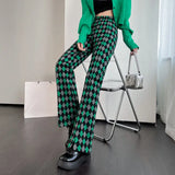 GETADME Green Plaid Ladies Bell Pants Checked Korean Flared Trousers for Women Vintage Flare Leggings Leg Slit Fluid Elasticity Sexy Hot