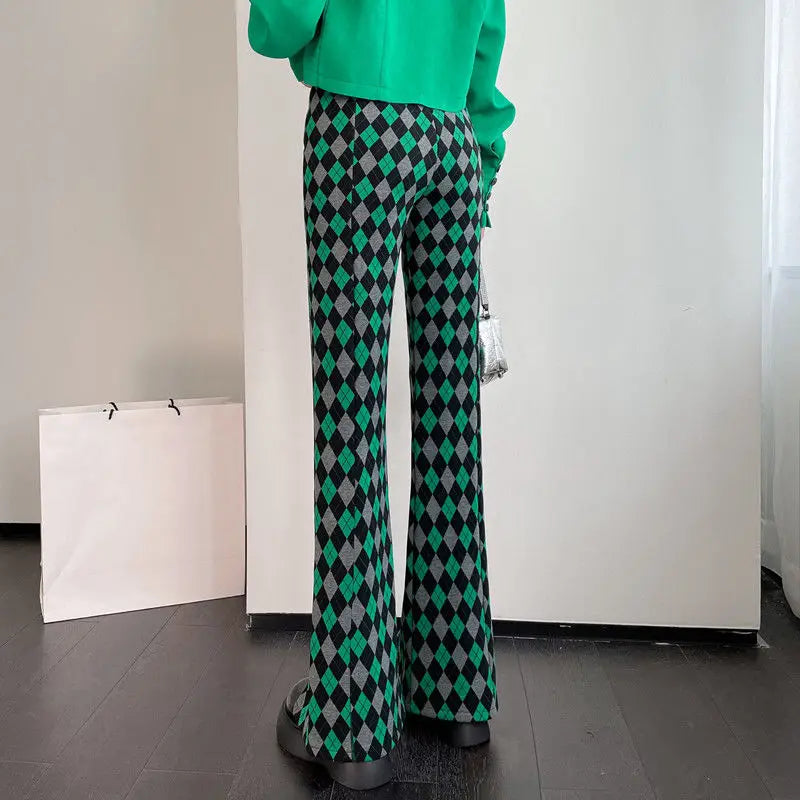 GETADME Green Plaid Ladies Bell Pants Checked Korean Flared Trousers for Women Vintage Flare Leggings Leg Slit Fluid Elasticity Sexy Hot