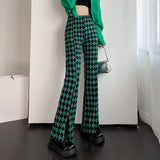 GETADME Green Plaid Ladies Bell Pants Checked Korean Flared Trousers for Women Vintage Flare Leggings Leg Slit Fluid Elasticity Sexy Hot