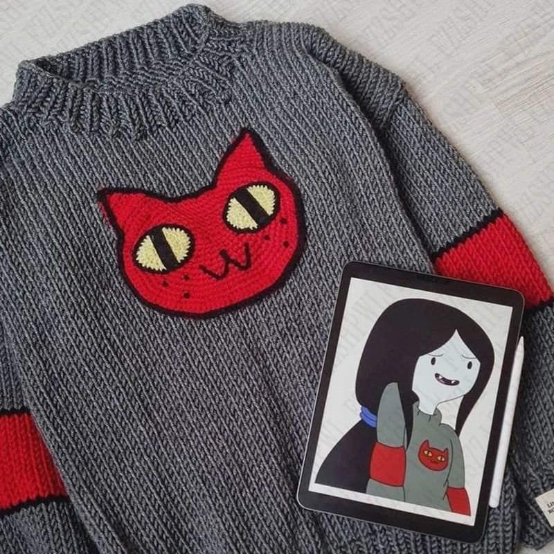 GETADME Grunge Vintage Streetwear Autumn Deeptown Black Gothic Cat Women Sweater Y2k Harajuku Japanese Fashion Oversized Knit Pullovers