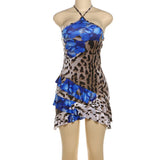 GETADME Gtpdpllt Floral Leopard Print Summer Dresses For Women 2025 Asymmetrical Ruffled Halter Mini Dress Beach Vacation Y2K Outfits