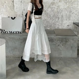 Vintage Black Gothic Y2K Long Skirt Autumn Lace Stitching Irregular Pleated Skirt Women White Korean Solid Hip Hop Streetwear