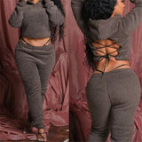 GETADME 여성 겨울 양모 투피스 세트 라운지웨어 아웃핏 팬츠 긴팔 오픈백 레이스업 후드 탑 매칭 파티 클럽웨어