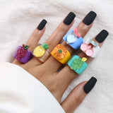 GETADME Cartoon Fruit Ring Women Fashion Korean Cute Animal Resin Acrylic Ring Set Christmas Birthday Party Gift Jewelry for Female Girl