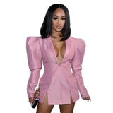 GETADME Evening African Dresses Pink Street Wear Women Mini Sexy Club Wear Notched Collar Long Sleeve V Neck Night African Dress Blazer