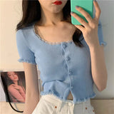 GETADME Short Sleeve T-shirts Women Slim Solid Lace O-neck Single Breasted Trendy Chic Sweet Lovely Ulzzang Simple Streetwear Knitted