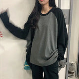 New Female T-shirt Grey O Neck Contrast Color Long Sleeve T Shirt Loose Autumn Tee Tops for Women Shirts Patchwork