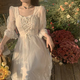 GETADME 2026 Spring Lace Sweet Elegant Dress Women Evening Party One Piece Dress Korean Kawaii Short Sleeve Dress Female Square Collar