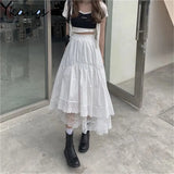 Vintage Black Gothic Y2K Long Skirt Autumn Lace Stitching Irregular Pleated Skirt Women White Korean Solid Hip Hop Streetwear