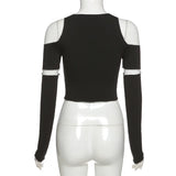 GETADME Patchwork Black T-shirts Gothic One Shoulder Sleeve Y2k Crop Tops Ruffles Hem Hip Hop Techwear Women Tees