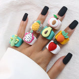 GETADME Cartoon Fruit Ring Women Fashion Korean Cute Animal Resin Acrylic Ring Set Christmas Birthday Party Gift Jewelry for Female Girl