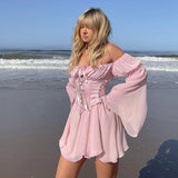 GETADME hirigin Womens Puff Sleeve Off Shoulder Dresses Lace Up Swing Dress Ruffle Mesh Party Mini Dress and Body Shaper Bustier Corset