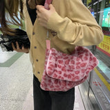 Lovely Pink Leopard Print Girls Furry Handbags Small Tote Soft Plush Women Large Shoulder Bag Fashion Ladies Crossbody Bags