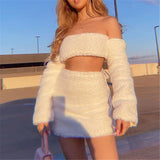 GETADME Two Piece White Fluffy Plush Sets Women Separate Long Sleeve Sexy Tops And Short Skirt Fashion Christmas Party Slim Girls Sets