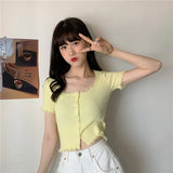 GETADME Short Sleeve T-shirts Women Slim Solid Lace O-neck Single Breasted Trendy Chic Sweet Lovely Ulzzang Simple Streetwear Knitted