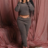 GETADME 여성 겨울 양모 투피스 세트 라운지웨어 아웃핏 팬츠 긴팔 오픈백 레이스업 후드 탑 매칭 파티 클럽웨어