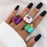 GETADME Cartoon Fruit Ring Women Fashion Korean Cute Animal Resin Acrylic Ring Set Christmas Birthday Party Gift Jewelry for Female Girl