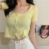 GETADME Short Sleeve T-shirts Women Slim Solid Lace O-neck Single Breasted Trendy Chic Sweet Lovely Ulzzang Simple Streetwear Knitted