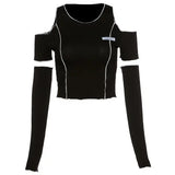 GETADME Patchwork Black T-shirts Gothic One Shoulder Sleeve Y2k Crop Tops Ruffles Hem Hip Hop Techwear Women Tees