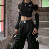 GETADME Patchwork Black T-shirts Gothic One Shoulder Sleeve Y2k Crop Tops Ruffles Hem Hip Hop Techwear Women Tees