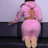 GETADME 여성 겨울 양모 투피스 세트 라운지웨어 아웃핏 팬츠 긴팔 오픈백 레이스업 후드 탑 매칭 파티 클럽웨어