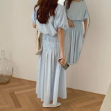 GETADME Oversized Summer Vintage 2 Two Piece Skirts Sets Women Outfits Puff Sleeve Crop Top and Elastic Waist Pleat Long A-line Skirt