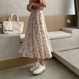 GETADME Vintage Floral Print A-line Pleated Long Skirts Summer Women 2026 Korean Skirt Streetwear Drawstring Elastic Waist Midi Skirt