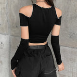 GETADME Patchwork Black T-shirts Gothic One Shoulder Sleeve Y2k Crop Tops Ruffles Hem Hip Hop Techwear Women Tees