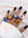 GETADME Cartoon Fruit Ring Women Fashion Korean Cute Animal Resin Acrylic Ring Set Christmas Birthday Party Gift Jewelry for Female Girl
