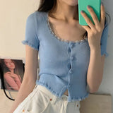 GETADME Short Sleeve T-shirts Women Slim Solid Lace O-neck Single Breasted Trendy Chic Sweet Lovely Ulzzang Simple Streetwear Knitted
