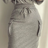 Getadme-Christmas Autumn Winter Casual Long Sleeve V Neck Lowcut Grey Dress Flap Detail Drawstring Waist Hooded Sweatshirt Dress