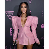 GETADME Evening African Dresses Pink Street Wear Women Mini Sexy Club Wear Notched Collar Long Sleeve V Neck Night African Dress Blazer
